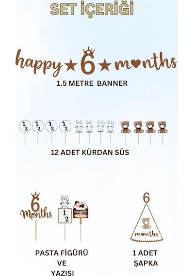 6 Ay Temalı Kahverengi Parti Seti Happy 6 Months Banner, Pasta Süsü, Kürdan Süs Ve Parti Şapkası Seti