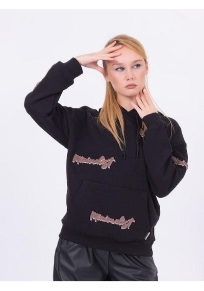 Kız Çocuk Kapüşonlu Punch İşlemeli Şardonlu Kapüşonlu Sweatshirt-13457-siyah Siyah