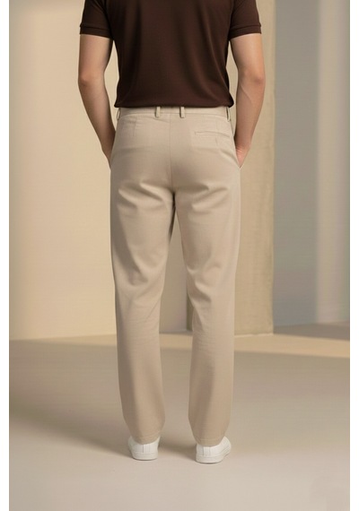 Bürke Çift Pileli Krem/Bej Beli Yarım Lastikli Kaliteli Keten Görünümlü Baggy Pantolon