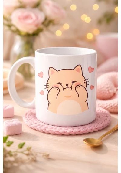 Sevimli Kedi Tasarımlı Porselen Kupa Model 193 Kalpli Cute Cat Baskılı Kahve Kupası Sevgiliye Hediye Sevimli Kupa Diğer