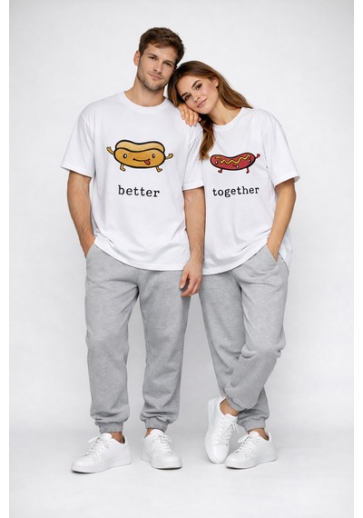 Better Together Baskılı Sevgili Kombini Çift Tişört Oversize Unis Beyaz