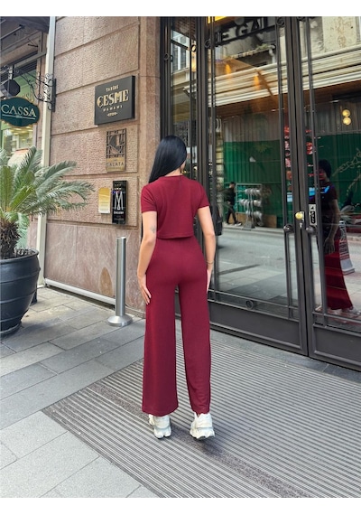 WeShaya Bordo Modal Polyester Keten Bisiklet Yaka Takım Bordo