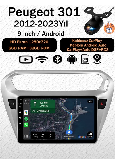 Peugeot 301 2012-2023 Android 14 Navigasyon Multimedya Tesla Ekran Android Teyp Double Teyp 2gb Ram 32gb Hafıza Kablosuz Carplay Android Auto 9"