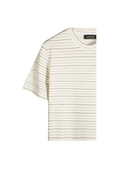 Krem Çizgili Regular Kalıp Bisiklet Yaka Pamuklu T-shirt Krem