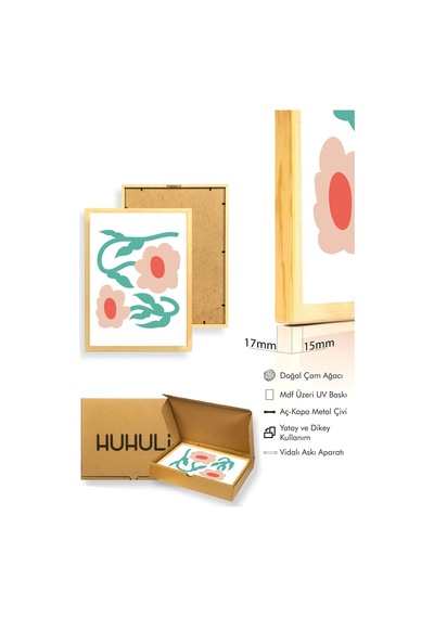 Doğal Ahşap Çerçeveli Retro Çiçekli Tablo - Pastel Tonlar Botanik Desen Huhu2317