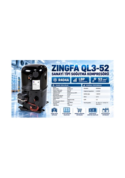 Zingfa Ql3-52 R404a Sanayi Tipi Düşük Basınç Soğutma Kompresörü Siyah