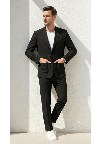 Erkek Gofre Desenli Takım Elbise Bağcıklı Pantolon Duble Paça Tek Düğme Modern Slim Fit Siyah