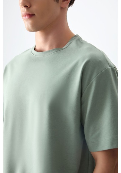 Air Jones Tommy Life Açık Yeşil Pamuklu Kalın Yumuşak Dokulu Oversize Fit Basic Erkek T-shirt - 88377 CAMEL
