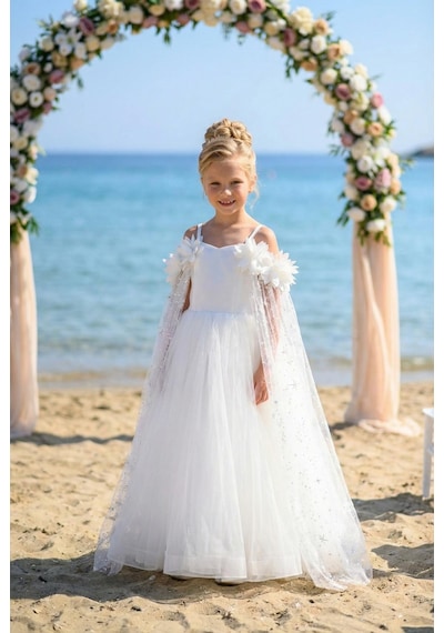 Chaton D'or Kız Çocuk Abiye Kar Taneli Pelerinli Prenses Model Askılı Abiye Elbise 6-10 Yaş Krem Chaton D'or Kız Çocuk Abiye Kar Taneli Pelerinli Prenses Model Askılı Abiye Elbise 6-10 Yaş Krem