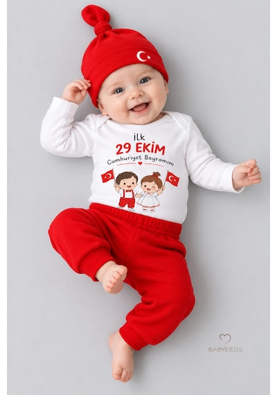 Babyden's İlk 29 Ekim Cumhuriyet Bayramım Baskılı 3'lü Bebek Takımı 100 Pamuk Uzun Kollu Çıtçıtlı Body Pantolon Bere Seti Beyaz - Kırmızı