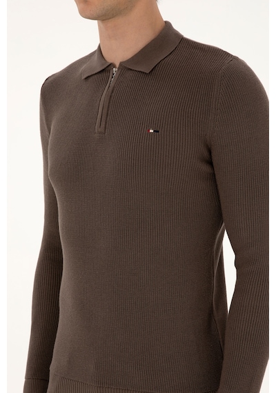 U.S. Polo Assn. Erkek Regular Fit Fermuarlı Vizon Basic Kazak 50313685-VR052