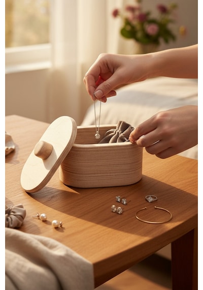 Ahşap Takı Ve Makyaj Organizeri Dekoratif Saklama Kutusu Oval Organizer