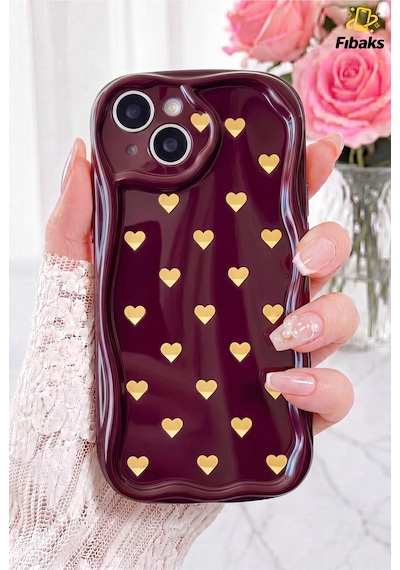Fibaks iPhone 13/14 Uyumlu Kılıf Kamera Korumalı Dalga Kenarlı Minik Sarı Kalp Desenli Bordo Silikon Kapak