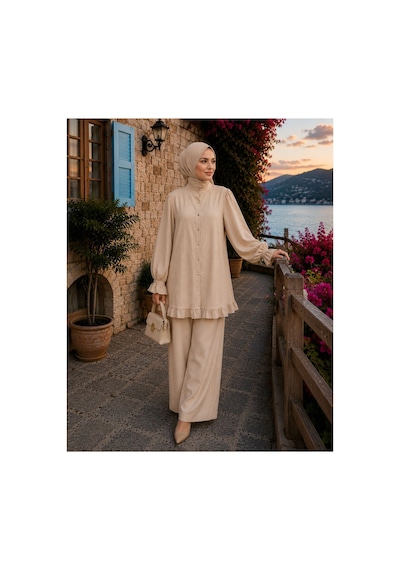 Hira Life Fashion Kadın Çilek Kumaş Dik Yaka Düğmeli Fırfır Detaylı Tesettür Tunik Pantolon İkili Takım Bej Bej Hira Life Fashion Kadın Çilek Kumaş Dik Yaka Düğmeli Fırfır Detaylı Tesettür Tunik Pantolon İkili Takım Bej Bej