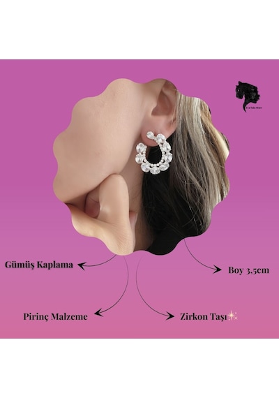 Çiçek Model Zirkon Taşlı Abiye Gümüş Renk Küpe Gümüş