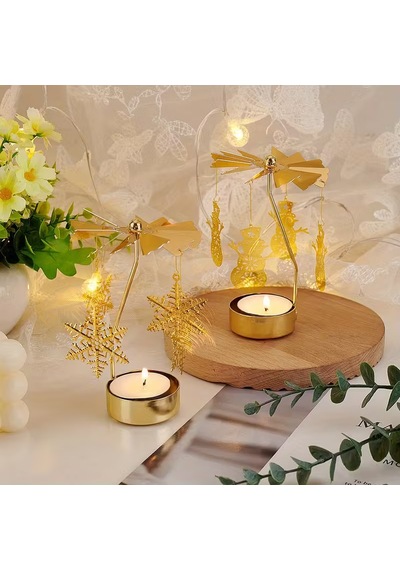 Altın Renkli Dönebilen Metal Tealight Mumluk Kar Tanesi Ve Noel Figürlü Dekoratif Mumluk Gold