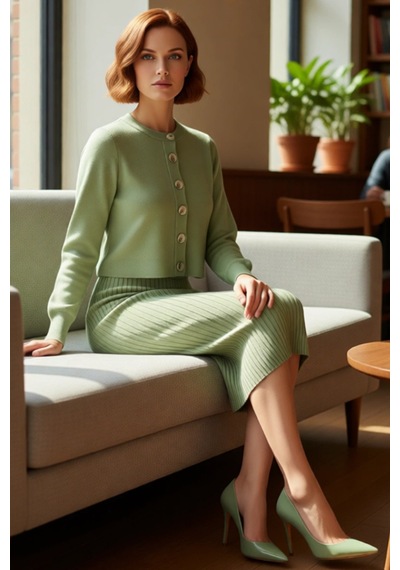 Ersefa Kadın Şık Akrilik Bisiklet Yaka Uzun Kol Bodycon Midi Triko Elbis Mint