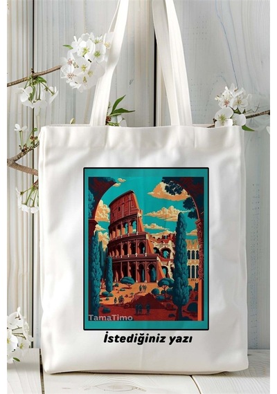 Art Hediye Colosseum Baskılı Bez Çanta Omuz Çantası Kişiye Özel Desen 2 Çok Renkli
