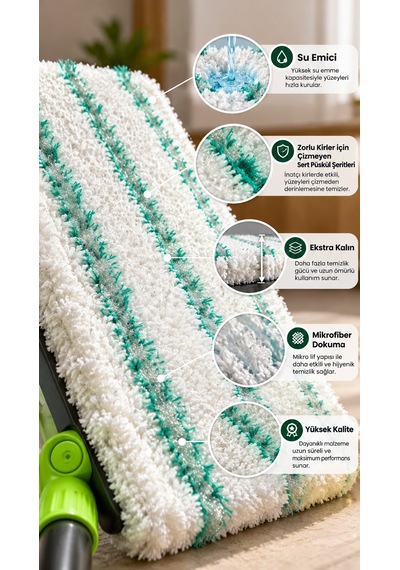 Duvar Ve Tavan Temizleme Mopu - Kurutma Mop - Mikrofiber Başlıklı Demonte Saplı Ekstra Su Emici Bez - 360 Derece Döner Başlık