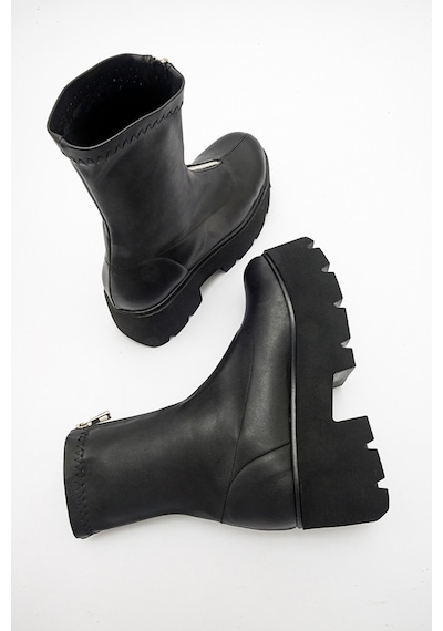 Luvishoes Luvi Shoes Ovil Siyah Streç Kalın Taban Fermuarlı Kadın Bot Siyah