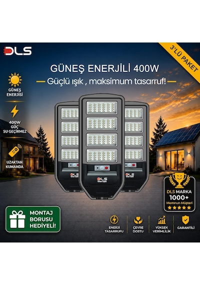 3'lü Paket Dls 400w Güneş Enerjili Solar Sokak Ve Bahçe Lambası, Lifepo4 Bataryalı, Ip66, Hareket Sensörlü, Uzak
