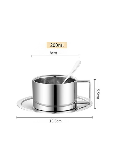 Çelik 2 Adet 3 Parça 200 Ml Çift Cidar Espresso Kahve Fincan Seti Sunum Bardağı Gri