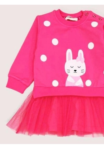Breeze Kız Çocuk Tavşan Desenli Eteği Tüllü Sweat Elbise-15362 Pembe