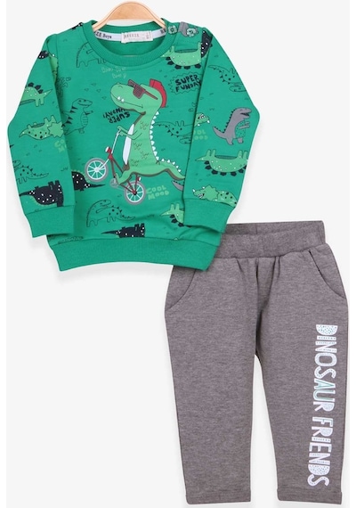 Breeze Erkek Bebek Eşofman Takımı Dinozor Baskılı Yeşil (9 Ay-2 Yaş)