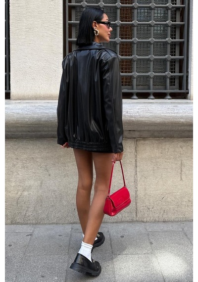 Florie Oversize Suni Deri Ceket 6108 R1-o-k2 Siyah