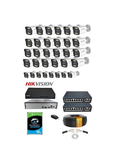 32 Li 5mp Ip Kamera Seti Poe Hikvision Nvr İç/dış Mekan 10tb Hdd Bakır Kablo Full Sistem