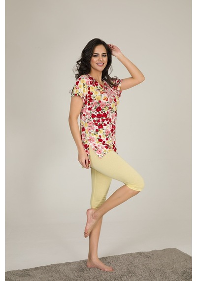 Myben Kadın Sarı Renkli Çiçek Desenli Tunik Ve Taytlı Pijama Slmky04 Sarı