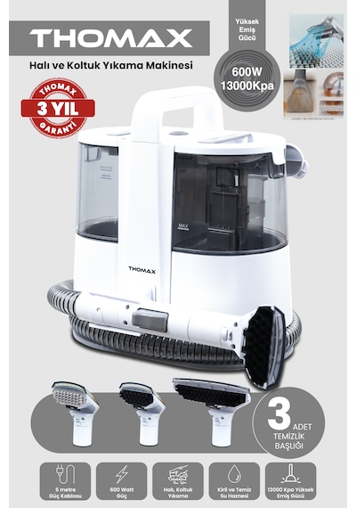 Thomax Dmw001a Koltuk Halı Yıkama Ve Leke Çıkartma Makinesi 1500 Ml Temiz 850 Ml Kirli Su Haznesi 600w Güç