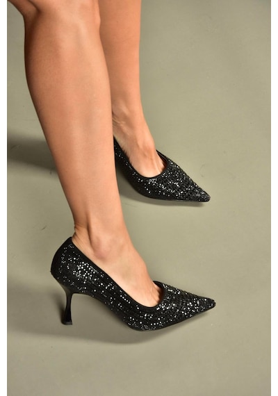 Fox Shoes V820772109 Siyah İnci İşlemeleri İnce Topuklu Abiye Ayakkabı Siyah
