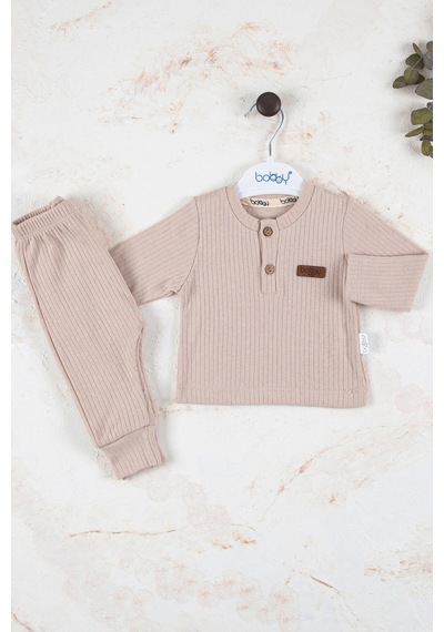 Babydonat Çizgili Kumaş Pamuk Unisex Takım 2'li Krem