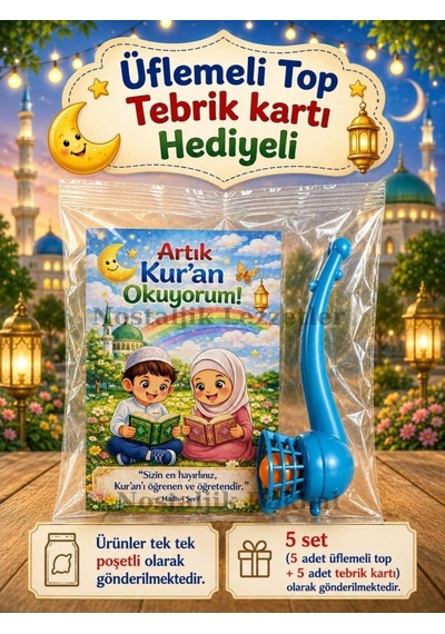 5 Set Kur'an Okuyorum Hediyesi Kur'an Kursu-hatim Töreni Hatırası Pipo Şeklinde Üflemeli Top Tebrik Kartı Hediyeli