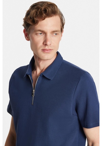 Tudors Erkek Slim Fit Dar Kesim %100 Pamuk Fermuarlı Lacivert Polo Yaka Tişört-34350 Lacivert