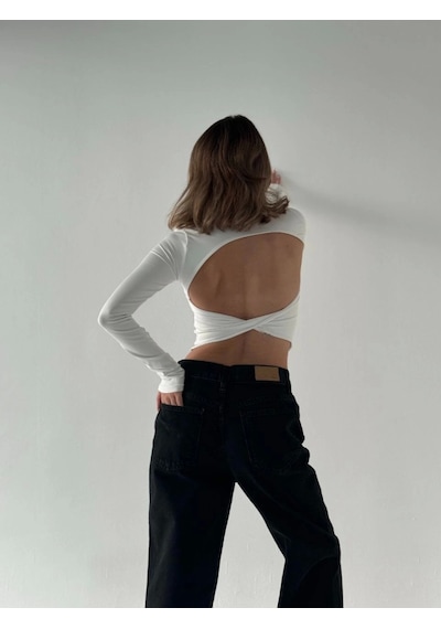 Nnstartshopping Sırt Dekoltelı Uzun Kollu Crop - Beyaz BEYAZ Beyaz