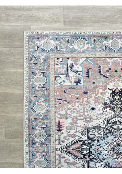 Geometrik Madalyon Desenli Açık Mavi Ve Pudra Pembe Etnik Halı - Ar861nt Açık Mavi - Pembe