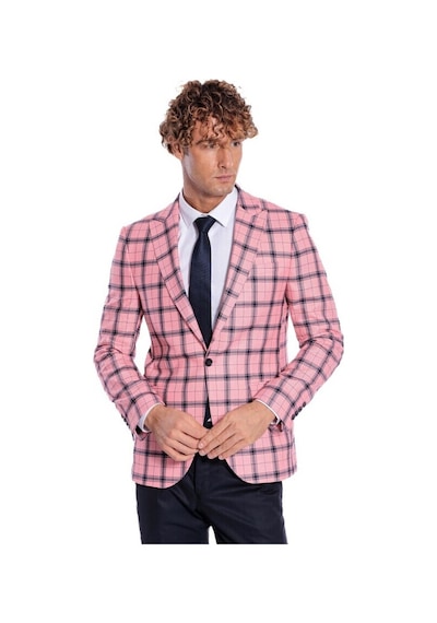 Wessi Ekose Desenli Slim Fit Pembe Erkek Ceket 001
