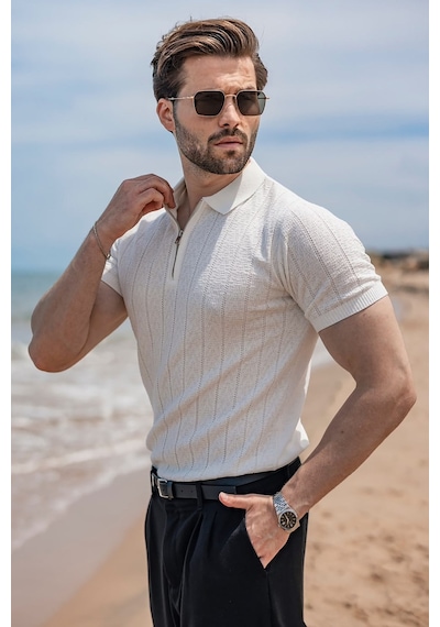 Madmext Ekru Regular Fit Polo Yaka Triko Erkek Tişört E7503