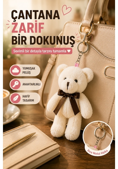 1 Adet Beyaz Peluş Ayıcık Anahtarlık 15x8 Cm Çanta Sırt Çantası Anahtar Aksesuar Sevimli Fiyonk