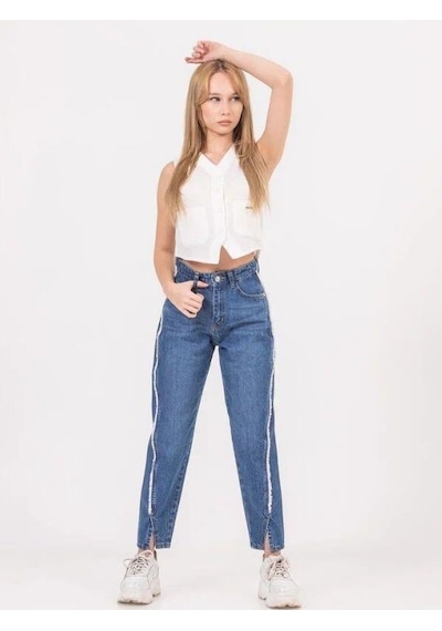 Zekids Kız Çocuk Ara Püsküllü Denim Mom Jean Pantolon-13787-mavi Mavi