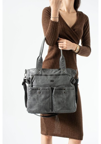 Baginn Retro Vegan Deri Kadın Omuz Çantası Y.s.deri Çok Cepli Çapraz Askılı Bayan Çantası 30 30 Cm Gri