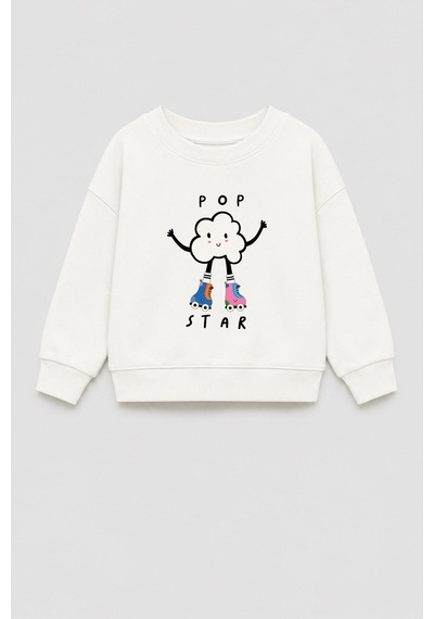 Monila Kız Çocuk 3 İplik Kumaş Pamuklu Popcorn Baskılı Sweatshirt Ekru