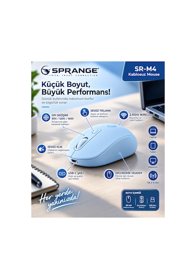 Sprange Sessiz Tık Şarj Edilebilir Kablosuz Mouse - Bluetooth 5.4 & 2.4ghz Çift Modlu Mouse Sr-m4 Mavi Sprange Sessiz Tık Şarj Edilebilir Kablosuz Mouse - Bluetooth 5.4 & 2.4ghz Çift Modlu Mouse Sr-m4 Mavi