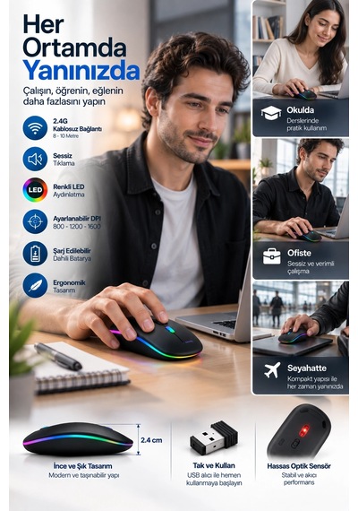 Ofis Ev Okul Kullanımına Uygun Şarjlı Kablosuz Mouse Najmaddin