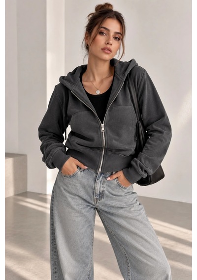 Bb Butik Basic Selanik Dokulu Fermuarlı Kapüşonlu Kadın Sweatshirt My3535 Antrasit
