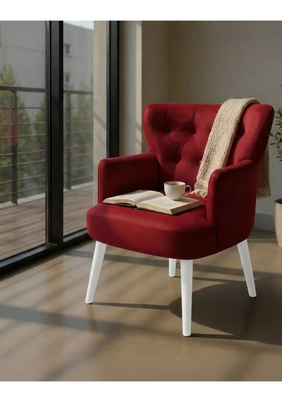Waterybrook Tekli Berjer Koltuk - Kapitoneli Babyface Kumaş - Beyaz Ahşap Ayaklı - Retro Modern Tasarım Bordo