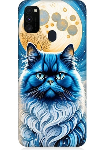 Samsung Galaxy M30s Uyumlu Asil Mavi Kedi Ve Ay Desenli Silikon Kılıf