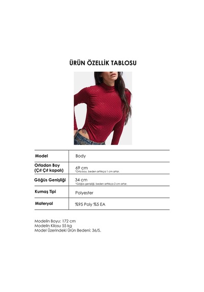 Kadın W6-35 Snap Body Suit Parlak Taşlı Tasarım Body Bordo